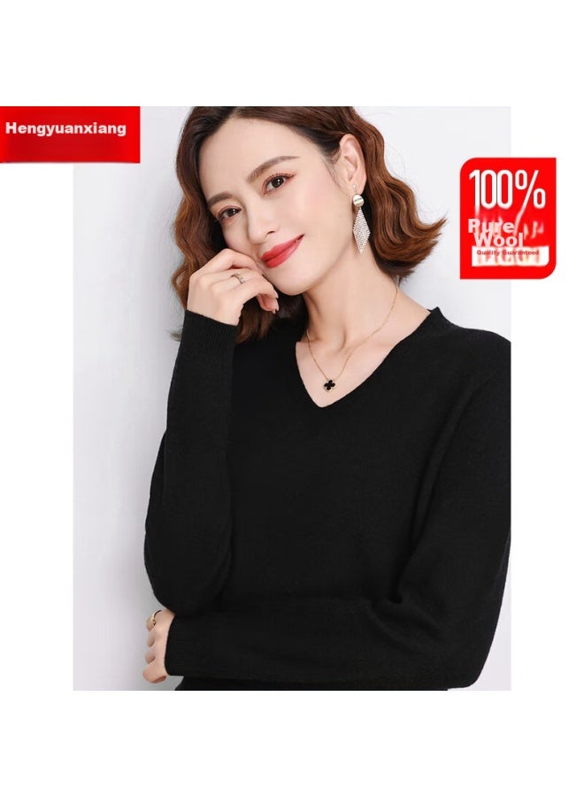 Hengyuanxiang Hengyuanxiang 100% Pure Wool Sweater For Women, V-neck Loose Base Layer, Autumn And Winter Warm Fashion Knit Sweater, Women's Top - Image 3
