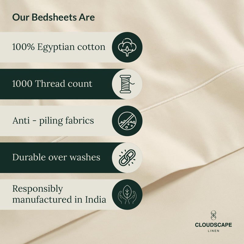 CloudScape Linen 100% Egyptian Cotton Bed Sheets Full Size - 4 Pieces  Ivory Sheets Full Size | 1000 Thread Count Egyptian Cotton | Hotel Luxury Sheets | Sateen Weave Full Size Bed Sheet Set Fits Upto 17"" Deep Pockets - Image 5