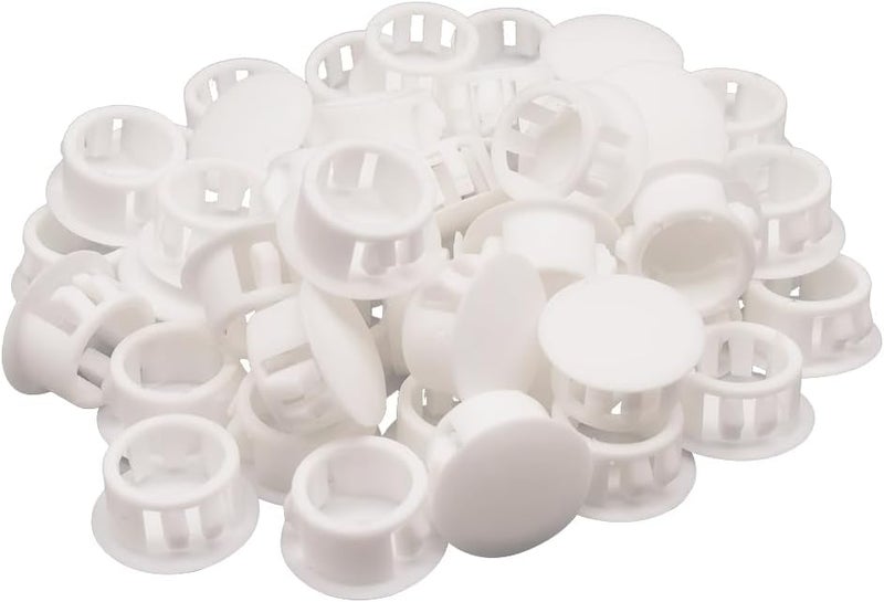 Alamic Hole Plugs 5/8" Plastic Flush Type Hole Plugs for Hole Snap in Locking Hole Tube Screw Caps Drilling Cover Plugs Fastener Covers for Kitchen Cabinet Furniture Black 50 Pack - White - Image 1