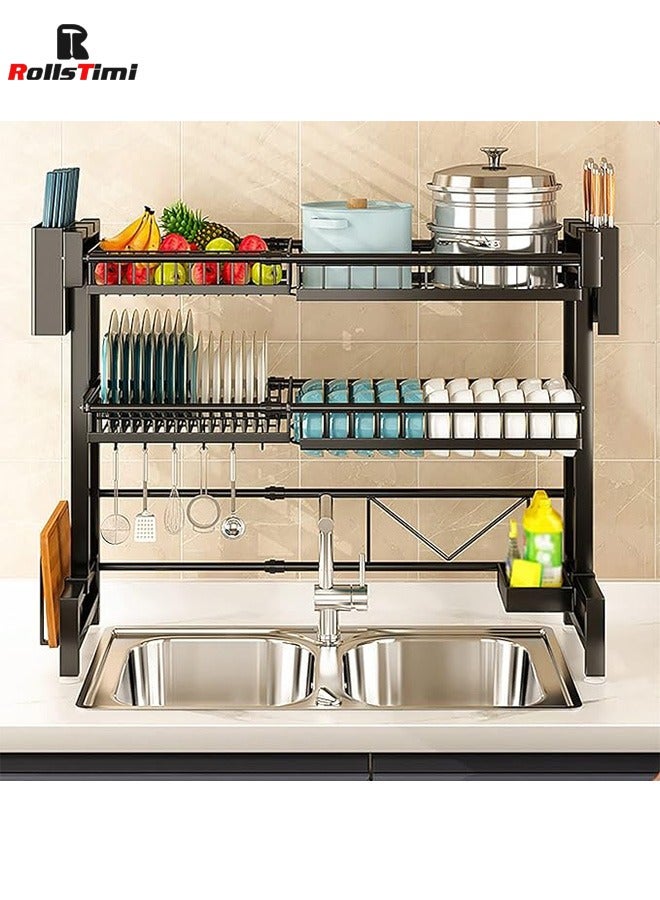RollsTimi  2-Tier Dish Drying Racks, Dish Drainer Carbon Steel Dish Rack Sink Organizer Stand Shelf For Kitchen Counter Organizer Storage,With Cutlery Rack, Hook, Drain Rack Large Kitchen,Black - Image 1
