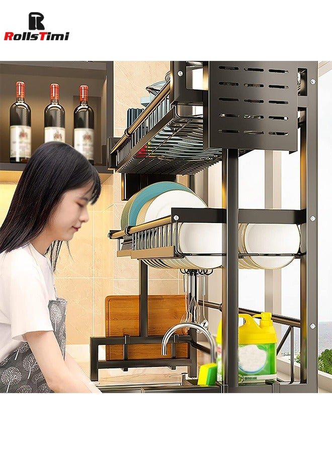 RollsTimi  2-Tier Dish Drying Racks, Dish Drainer Carbon Steel Dish Rack Sink Organizer Stand Shelf For Kitchen Counter Organizer Storage,With Cutlery Rack, Hook, Drain Rack Large Kitchen,Black - Image 2