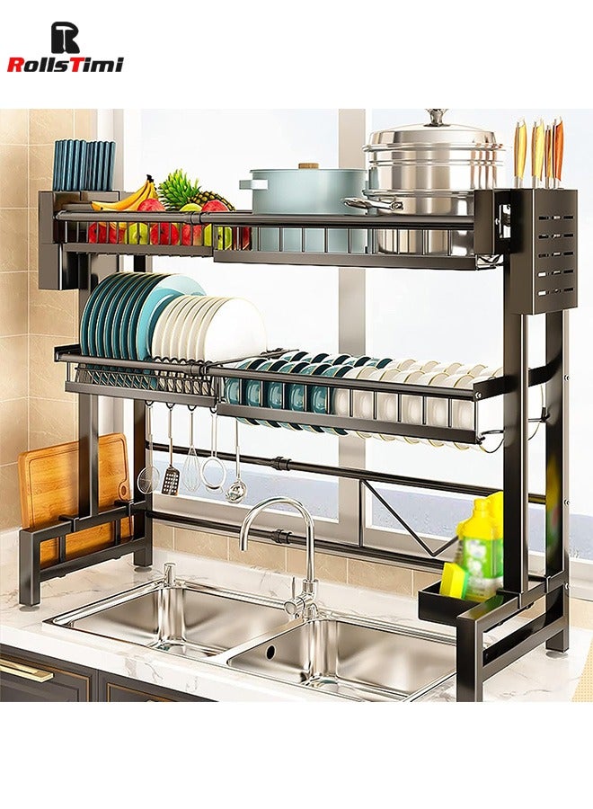 RollsTimi  2-Tier Dish Drying Racks, Dish Drainer Carbon Steel Dish Rack Sink Organizer Stand Shelf For Kitchen Counter Organizer Storage,With Cutlery Rack, Hook, Drain Rack Large Kitchen,Black - Image 3
