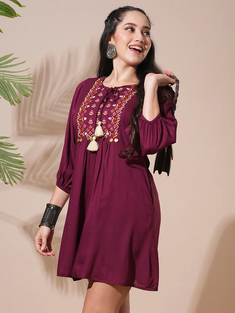 جلو باص Globus Women Embroidered Yoke Tie-Up Detailing Bishop Sleeves A-Line Mini Workwear Dress