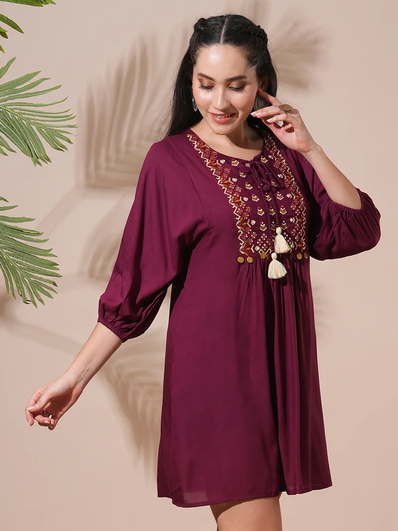 جلو باص Globus Women Embroidered Yoke Tie-Up Detailing Bishop Sleeves A-Line Mini Workwear Dress
