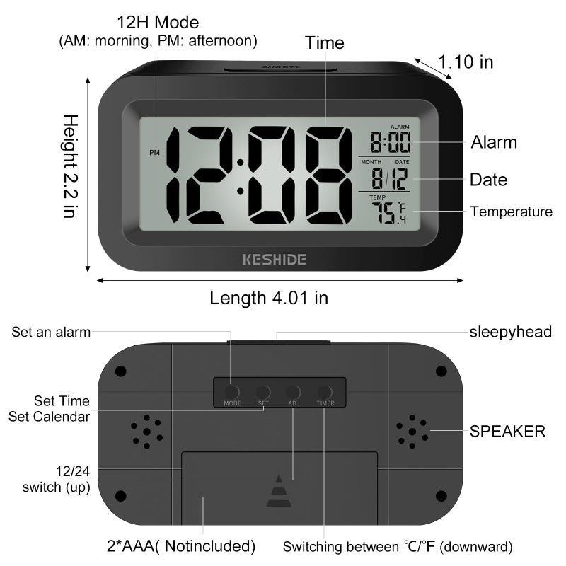 KESHIDE Travel Digital Alarm Clock, Battery Operated with Indoor Temperature, Desk Small Clock,Snooze Model,12/24H Display for Bedrooms Heavy Sleepers Kids Travel Bathroom (Black) - Image 2