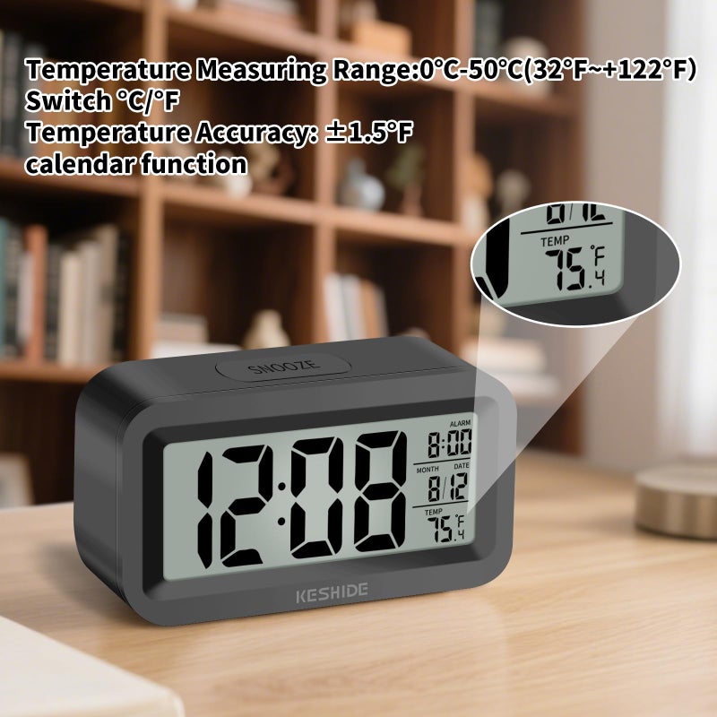 KESHIDE Travel Digital Alarm Clock, Battery Operated with Indoor Temperature, Desk Small Clock,Snooze Model,12/24H Display for Bedrooms Heavy Sleepers Kids Travel Bathroom (Black) - Image 4