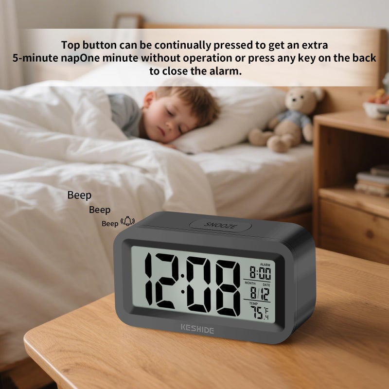 KESHIDE Travel Digital Alarm Clock, Battery Operated with Indoor Temperature, Desk Small Clock,Snooze Model,12/24H Display for Bedrooms Heavy Sleepers Kids Travel Bathroom (Black) - Image 3