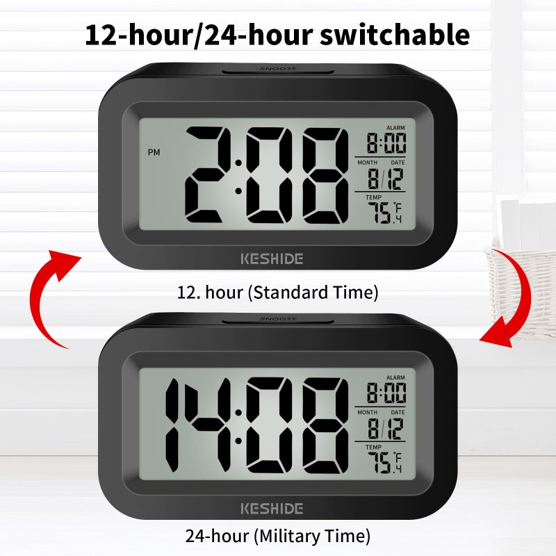 KESHIDE Travel Digital Alarm Clock, Battery Operated with Indoor Temperature, Desk Small Clock,Snooze Model,12/24H Display for Bedrooms Heavy Sleepers Kids Travel Bathroom (Black) - Image 5