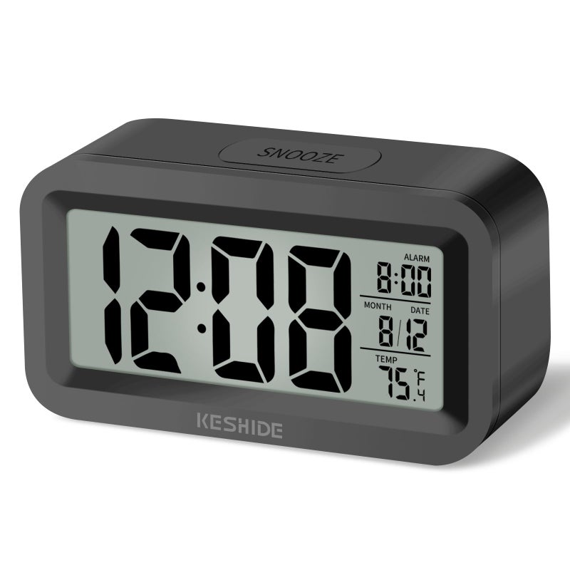 KESHIDE Travel Digital Alarm Clock, Battery Operated with Indoor Temperature, Desk Small Clock,Snooze Model,12/24H Display for Bedrooms Heavy Sleepers Kids Travel Bathroom (Black) - Image 1