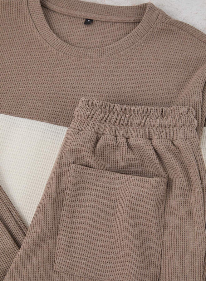 trendyol Mink Regular Cut Color Block Textured Knitted Pajamas Set - Image 3