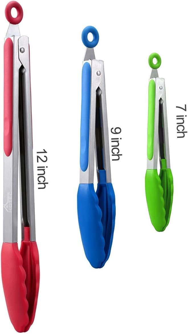 Hotec Premium Stainless Steel Locking Kitchen Tongs with Silicon Tips, Set of 3-7", 9" and 12" multicolor - Image 2