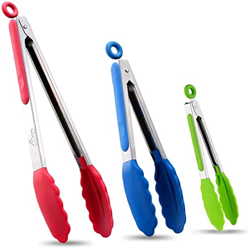 Hotec Premium Stainless Steel Locking Kitchen Tongs with Silicon Tips, Set of 3-7", 9" and 12" multicolor - Image 1