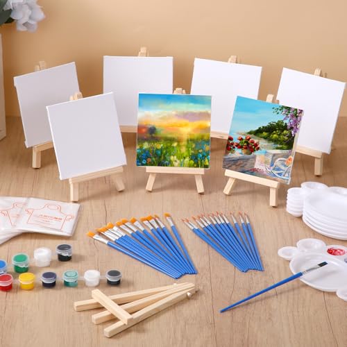 Qilery 24 Set 4 x 4 Inch Mini Canvas Panels and Easel Painting Kit, 12 Colors Acrylic Strips Brush Palettes, Art Painting Kits for Artists Beginners Oil Acrylic Craft Party Favors - Image 5