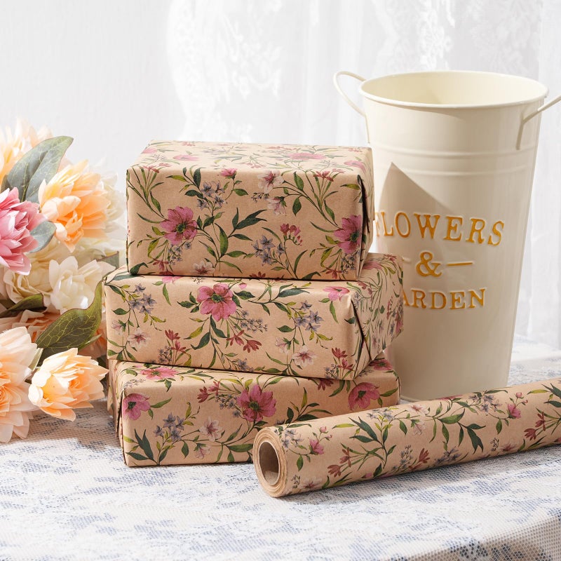 ZINTBIAL Kraft Floral Wrapping Paper Roll - Pink and Purple Floral Design, 17 Inches x 16.5 Feet, Gift Wrap for Wedding, Bridal Shower, Birthday, Mother's Day, Cut Lines on Back - Image 5