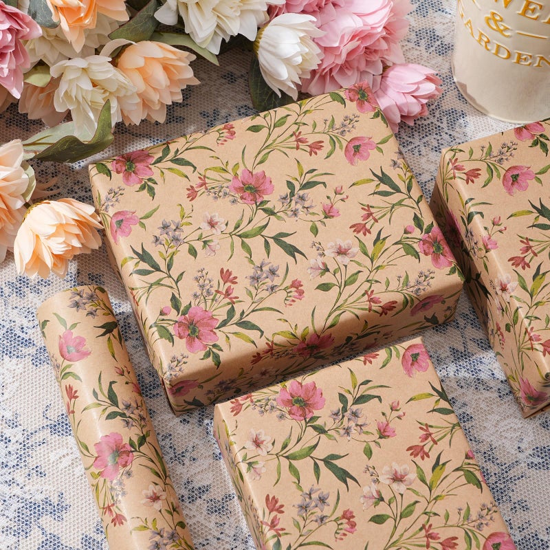 ZINTBIAL Kraft Floral Wrapping Paper Roll - Pink and Purple Floral Design, 17 Inches x 16.5 Feet, Gift Wrap for Wedding, Bridal Shower, Birthday, Mother's Day, Cut Lines on Back - Image 4