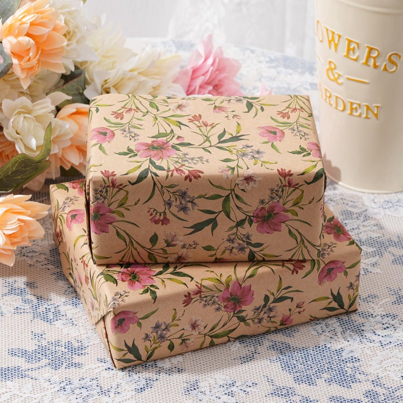 ZINTBIAL Kraft Floral Wrapping Paper Roll - Pink and Purple Floral Design, 17 Inches x 16.5 Feet, Gift Wrap for Wedding, Bridal Shower, Birthday, Mother's Day, Cut Lines on Back - Image 3