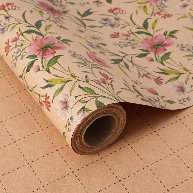 ZINTBIAL Kraft Floral Wrapping Paper Roll - Pink and Purple Floral Design, 17 Inches x 16.5 Feet, Gift Wrap for Wedding, Bridal Shower, Birthday, Mother's Day, Cut Lines on Back - Image 1