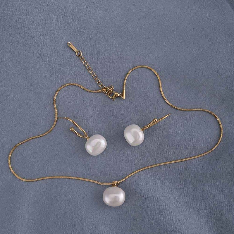 PALMONAS Classic Pearl Necklace & Earring Jewellery Set for Women | 18K Gold Plated, Waterproof & Anti-Tarnish - Image 4