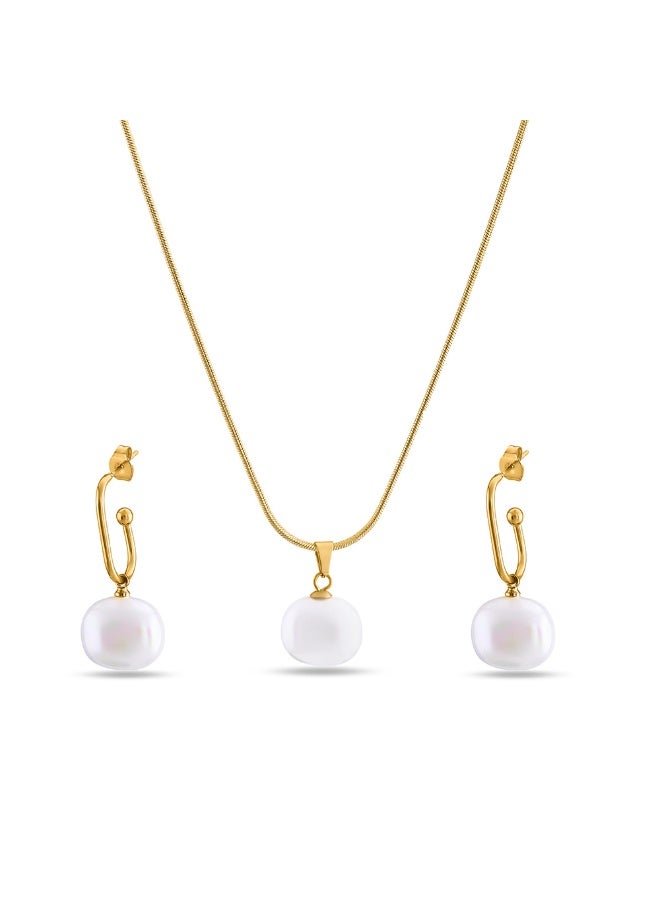 PALMONAS Classic Pearl Necklace & Earring Jewellery Set for Women | 18K Gold Plated, Waterproof & Anti-Tarnish - Image 1