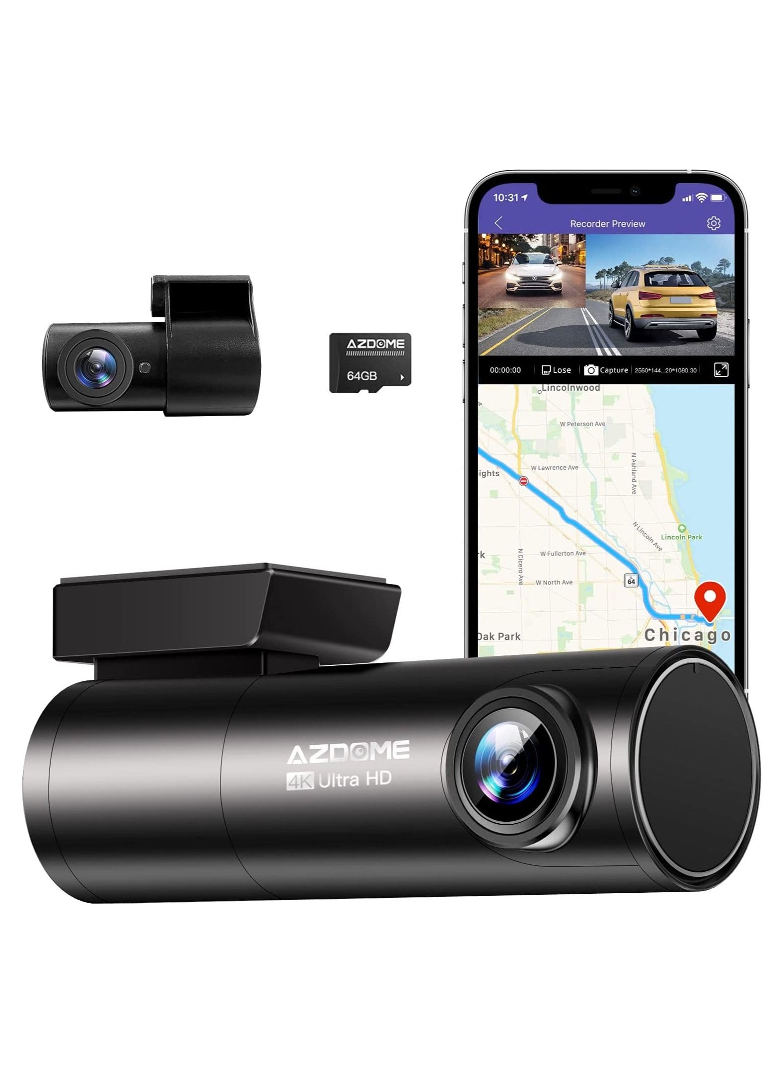 تسوق AZDOME و4K Dash Cam Front And Rear, Built In GPS & WiFi & Voice ...