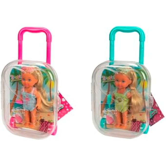 EVI LOVE TRAVEL, 2 ASSORTED COLOURS, ONLY ONE ITEM DELIVERED RANDOM SELECTION, TOY DOLL IN ROLLING SUITCASE, SHE WEARING A SWIMSUIT WITH RUFFLES INCLUDING SUNGLASSES AND ICE CREAM, 12 CM - Image 1