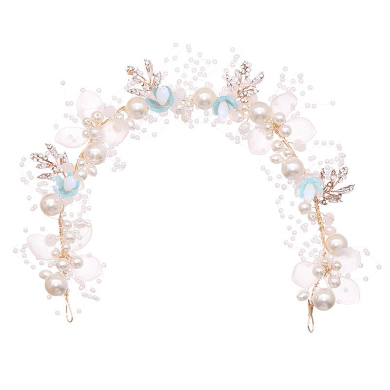 KAYZON Kids' Wedding Hair Accessories - Princess Headpiece, White Flower Headband Pearl for Girls, Cute Bridal Wedding Hair Band, Women's Fashion Headbands (Blue) - Image 1