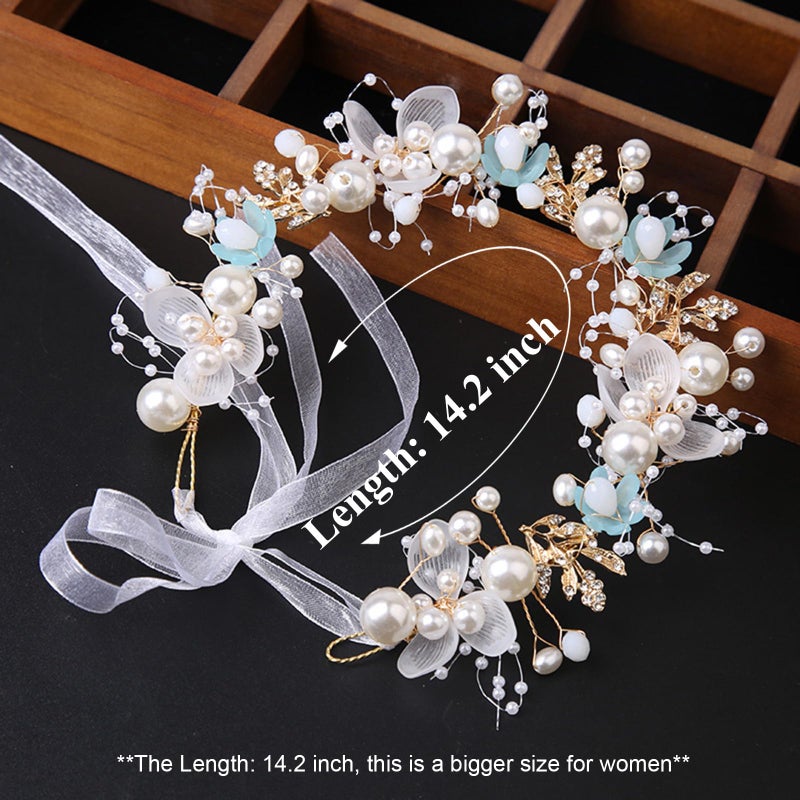 KAYZON Kids' Wedding Hair Accessories - Princess Headpiece, White Flower Headband Pearl for Girls, Cute Bridal Wedding Hair Band, Women's Fashion Headbands (Blue) - Image 5