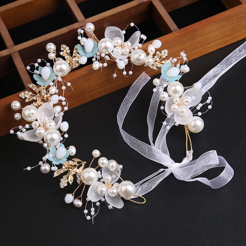 KAYZON Kids' Wedding Hair Accessories - Princess Headpiece, White Flower Headband Pearl for Girls, Cute Bridal Wedding Hair Band, Women's Fashion Headbands (Blue) - Image 2