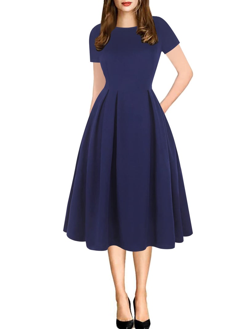 oxiuly Women's Vintage Party Cocktail Dress Elegant Swing Casual Work Dresses with Pockets OX165 (Navy Blue, x_l) - Image 1