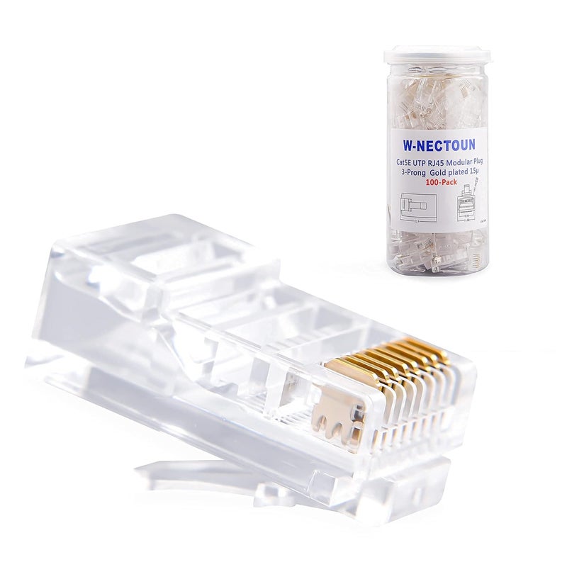 W-NECTOUN Cat5e RJ45 Connectors,100-PACK Cat5 Ends/Cat 5 Connector/Cat 5e RJ45 Modular Plugs(3-Prong Gold Plated 15μ),UTP Network Plug for Solid Strand Cable - Image 1