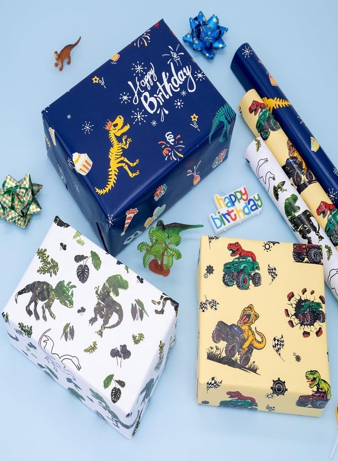 Vnaaem Dinosaur Wrapping Paper Rolls with Cutlines on Reverse - 3 Rolls Birthday Gift Wrap for Kids Boys Girls Dinosaur Party Birthday Gift Wrapping Holiday(17 Inches X 120 Inches) - Image 3
