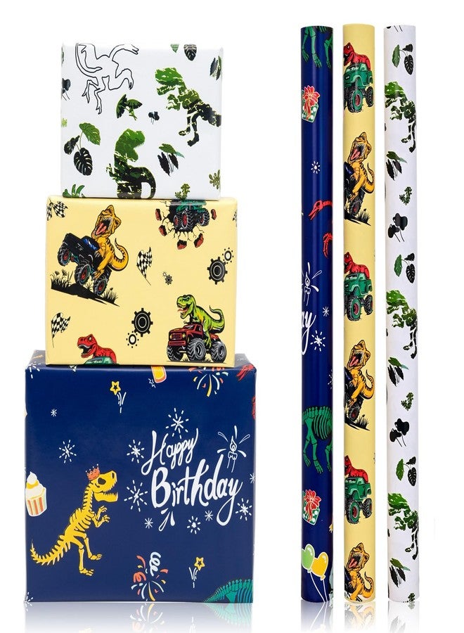Vnaaem Dinosaur Wrapping Paper Rolls with Cutlines on Reverse - 3 Rolls Birthday Gift Wrap for Kids Boys Girls Dinosaur Party Birthday Gift Wrapping Holiday(17 Inches X 120 Inches) - Image 1