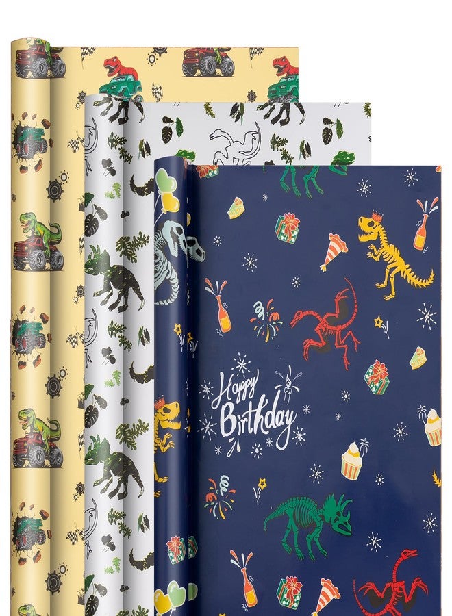 Vnaaem Dinosaur Wrapping Paper Rolls with Cutlines on Reverse - 3 Rolls Birthday Gift Wrap for Kids Boys Girls Dinosaur Party Birthday Gift Wrapping Holiday(17 Inches X 120 Inches) - Image 2