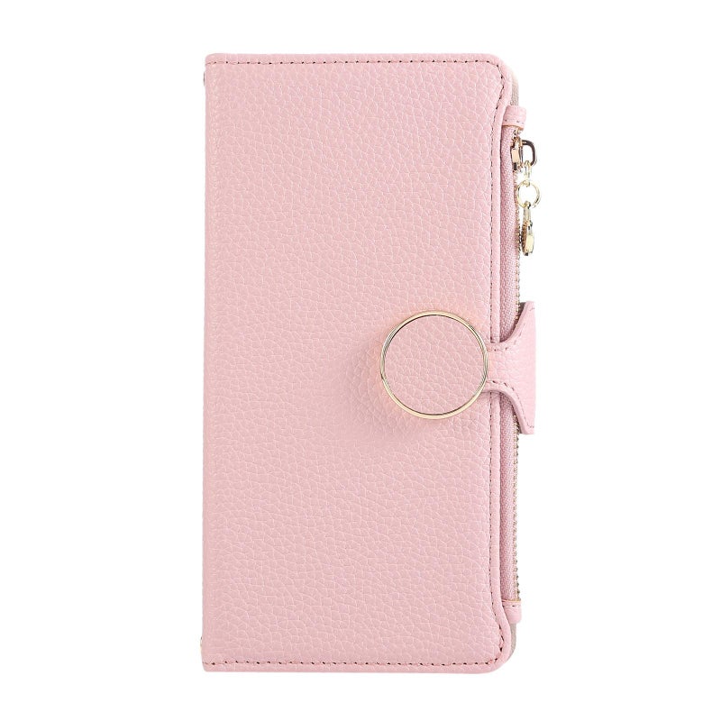 erorex For Samsung Galaxy A22 4G Round Buckle Zipper Wallet Leather Phone Case with Crossbody Strap(Pink) - Image 2