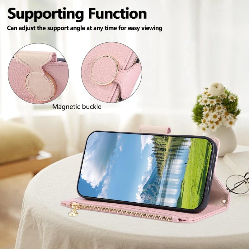 erorex For Samsung Galaxy A22 4G Round Buckle Zipper Wallet Leather Phone Case with Crossbody Strap(Pink) - Image 5