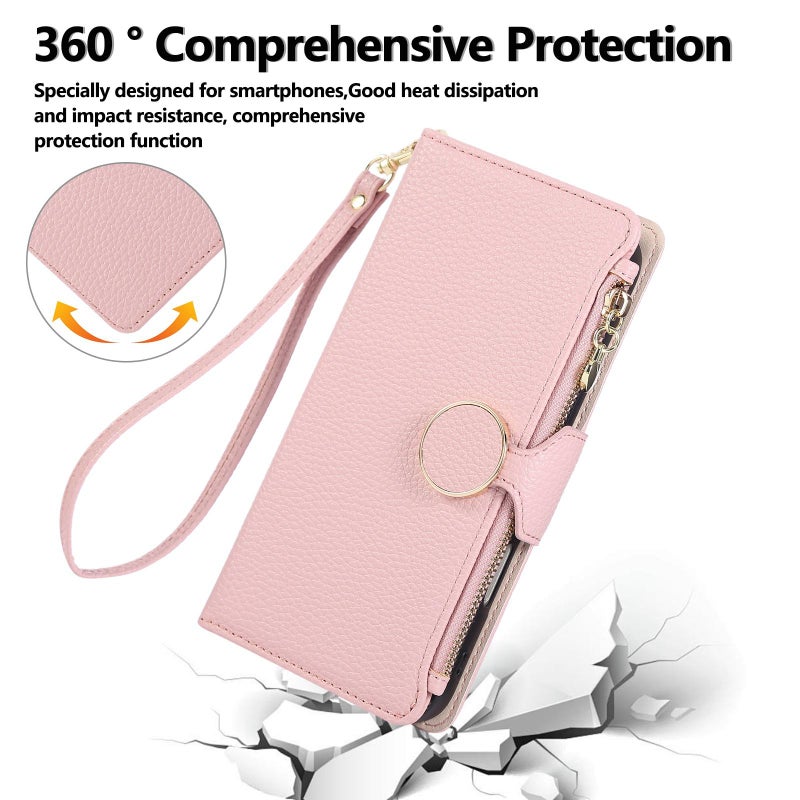 erorex For Samsung Galaxy A22 4G Round Buckle Zipper Wallet Leather Phone Case with Crossbody Strap(Pink) - Image 4