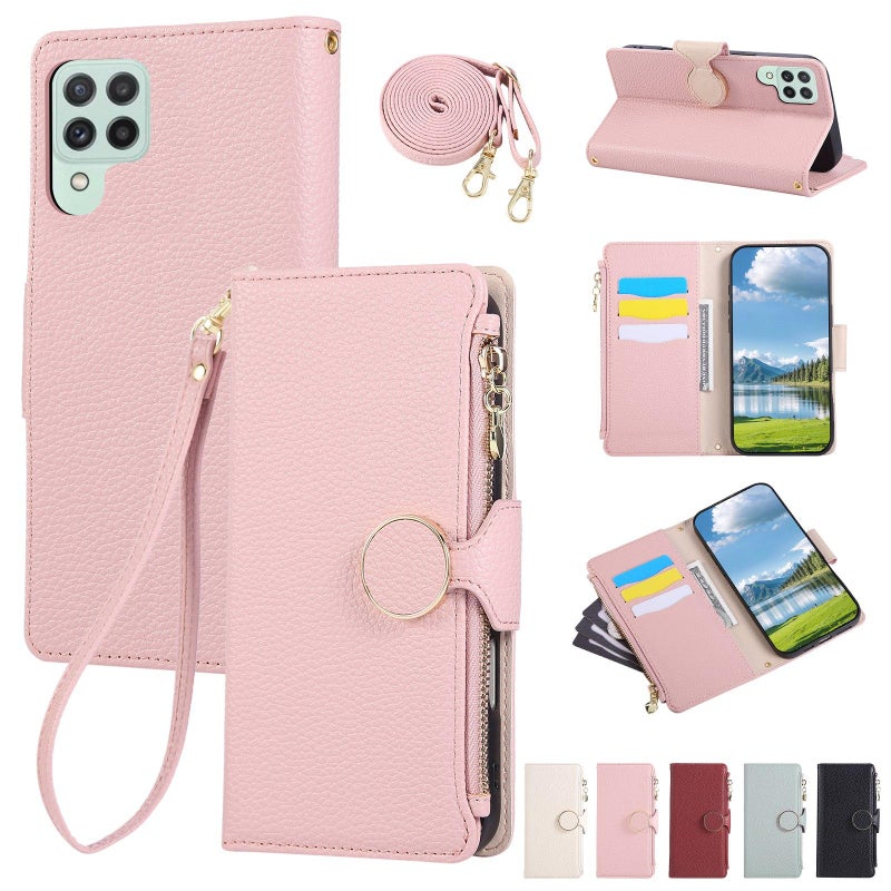 erorex For Samsung Galaxy A22 4G Round Buckle Zipper Wallet Leather Phone Case with Crossbody Strap(Pink) - Image 1