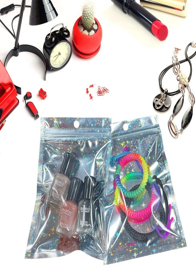 HRX Package 100pcs Holographic Bags 4x6 inch, Star Pattern Mylar Sample Pouch Zip Foil Baggies For Packaging Candy Jewelry Lash Lip Gloss - Image 5