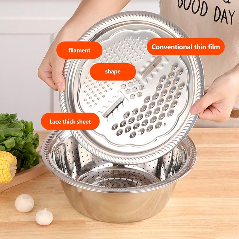 Gokich Gokich Multifunctional 3 in 1 Thicken Stainless Steel Drain Basket Vegetable Cutter Food Strainers with Vegetables Slicer Tray Vegetable Fruits Washing Bowl Strainer Set for Kitchen Pack of 1  - Image 2