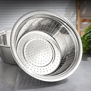 Gokich Gokich Multifunctional 3 in 1 Thicken Stainless Steel Drain Basket Vegetable Cutter Food Strainers with Vegetables Slicer Tray Vegetable Fruits Washing Bowl Strainer Set for Kitchen Pack of 1  - Image 4