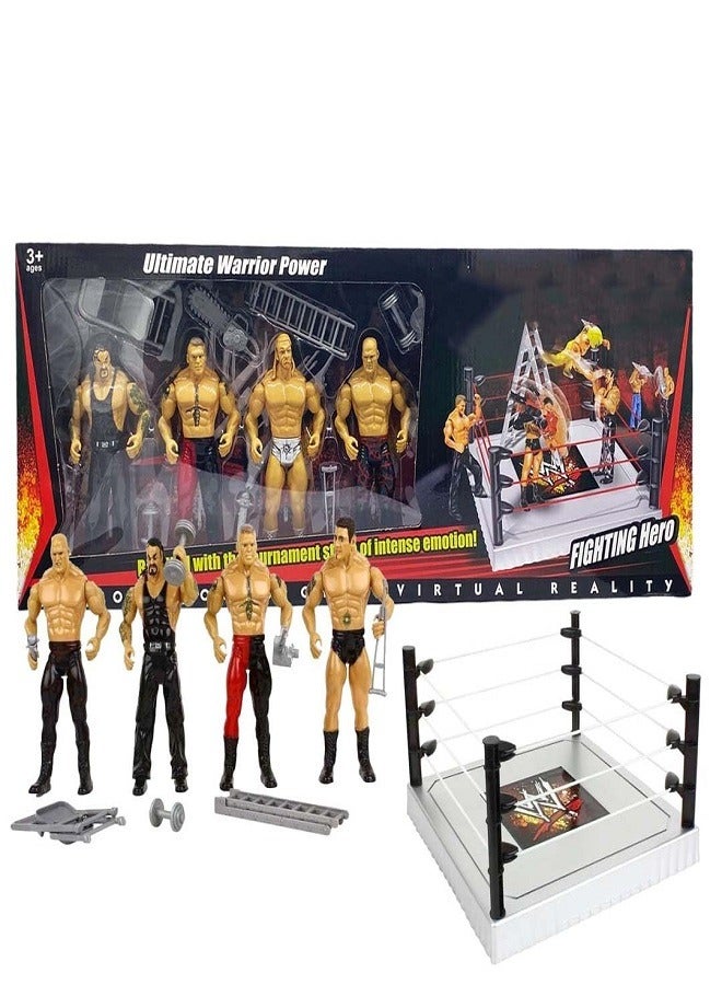 WWE Warrior Wrestling Action Figures Set – Pack of 4 Fighters with Ring & Battle Accessories for Kids