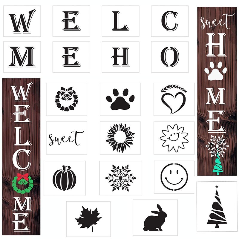 Dequera 20 PCS Welcome Letter Stencils for Painting On Wood Large Home Reusable Porch Sign for Crafts Front Door Vertical and Horizontal 20