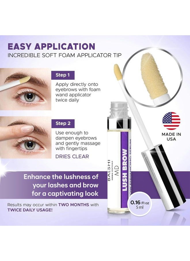 Lush Brow Eyebrow & Eyelash Rapid Growth Serum with Growth Peptides, Dermatologist Developed Eyelash Serum to Grow Lashes, Brow & Lash Enhancing Serum to Grow Fuller Eyelashes & Eyebrows, .16 oz/5ml