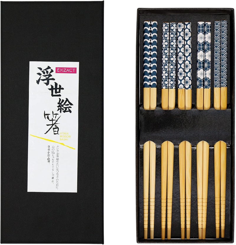 Exzact Chopsticks Gift Set - 5 Pairs of Reusable Natural Bamboo Chopsticks in a Beautiful Black Handmade Box - Decorated Japanese Ancient Blue Ornamentation (Blue and White) - Image 2