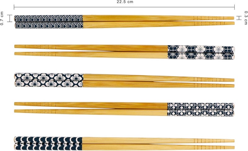 Exzact Chopsticks Gift Set - 5 Pairs of Reusable Natural Bamboo Chopsticks in a Beautiful Black Handmade Box - Decorated Japanese Ancient Blue Ornamentation (Blue and White) - Image 4