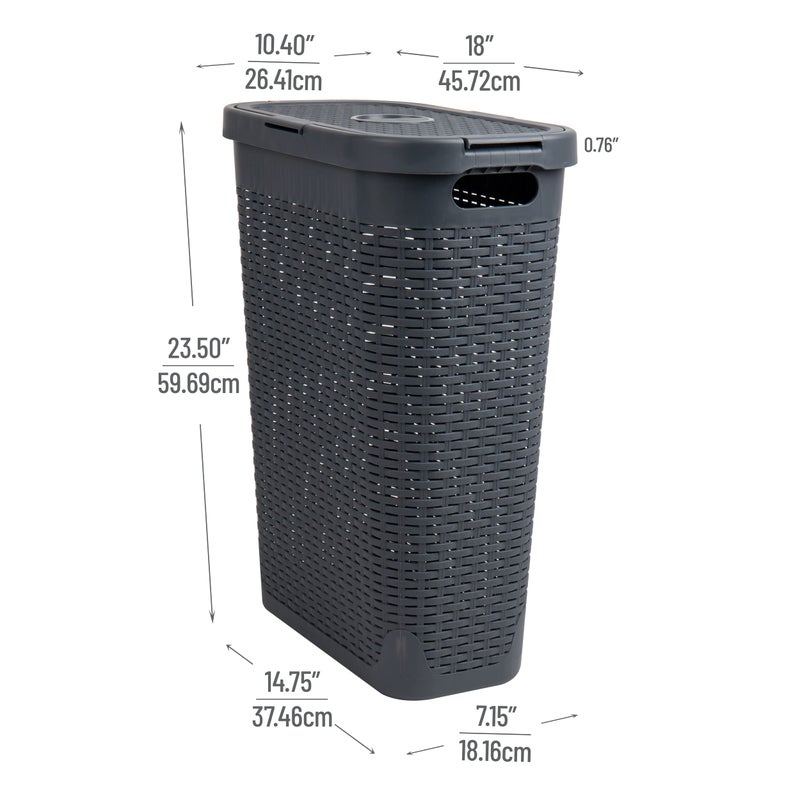 Mind Reader Slim Laundry Hamper with Lid, 40L Clothes Basket, Premium Wicker Design, Plastic, Gray - Image 3
