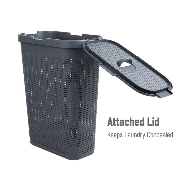 Mind Reader Slim Laundry Hamper with Lid, 40L Clothes Basket, Premium Wicker Design, Plastic, Gray - Image 5