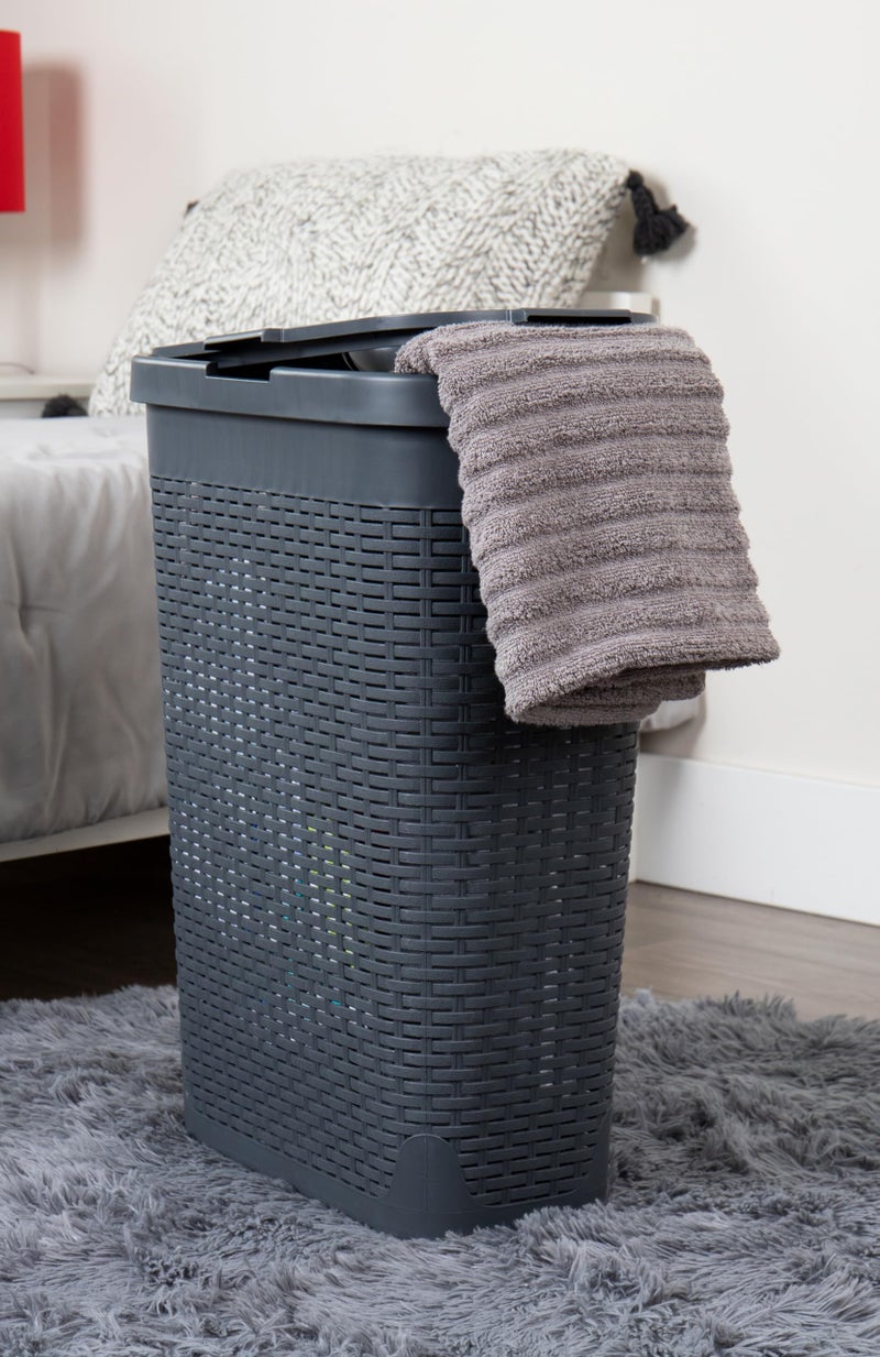 Mind Reader Slim Laundry Hamper with Lid, 40L Clothes Basket, Premium Wicker Design, Plastic, Gray - Image 2