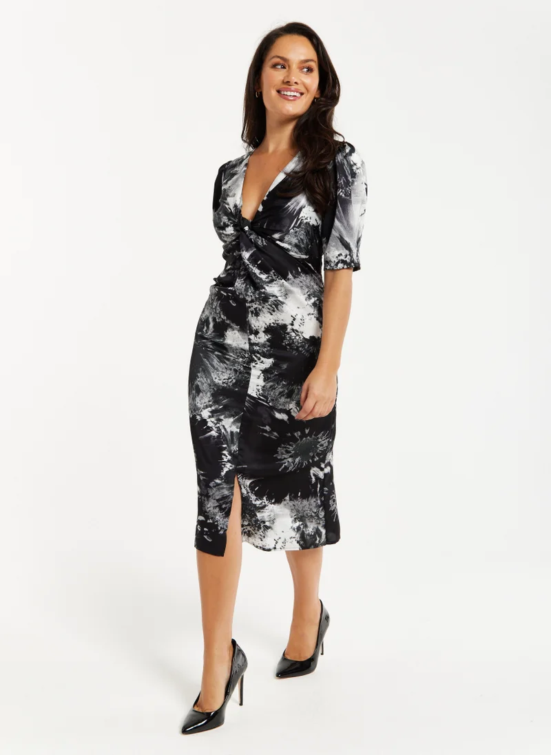Liquorish Mono Abstract Print Knot Front Dress