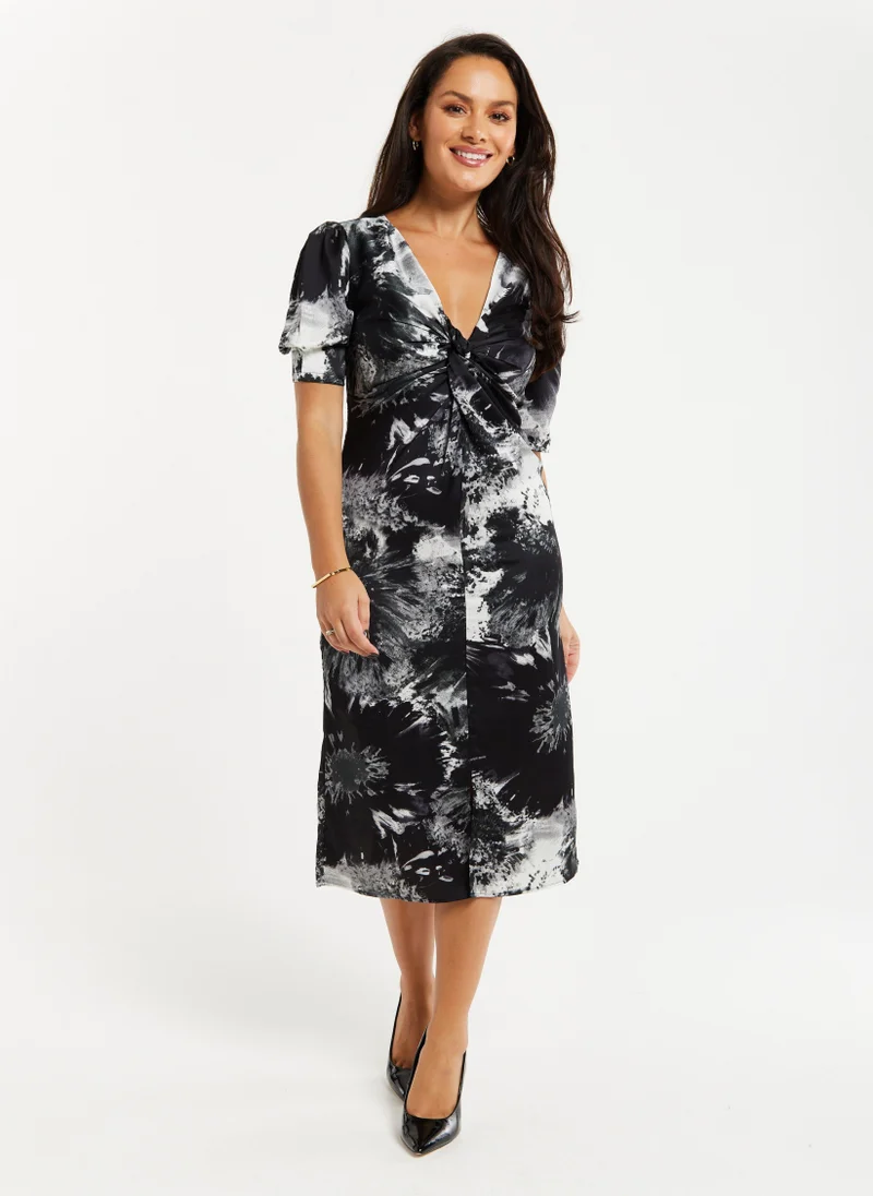 Liquorish Mono Abstract Print Knot Front Dress